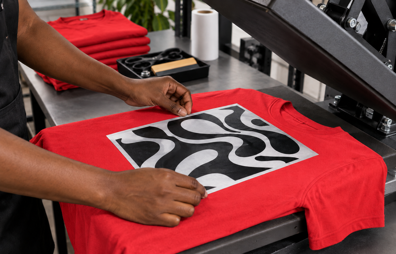 Custom apparel being prepared in the Fabrics and Ink workshop